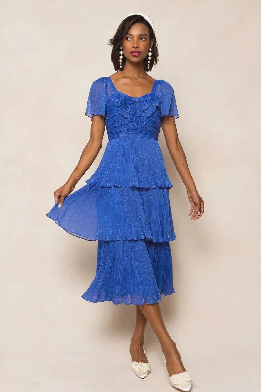 Ivy City Co. womens Cecily Cobalt Blue Sparkly Tier Pleated Midi Dress size 2